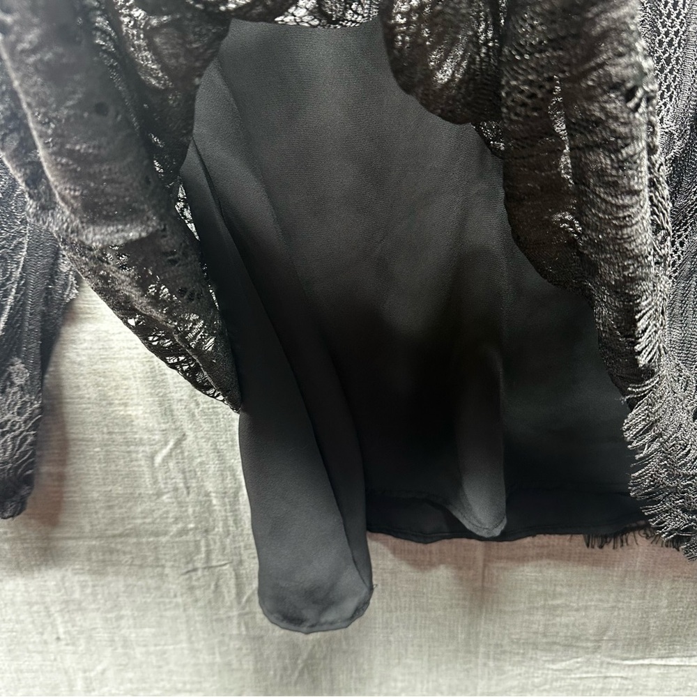 Altar'd State Black Lace Blouse Sheer Lace arms/chest Sz. Medium Flowy scalloped - Picture 4 of 10